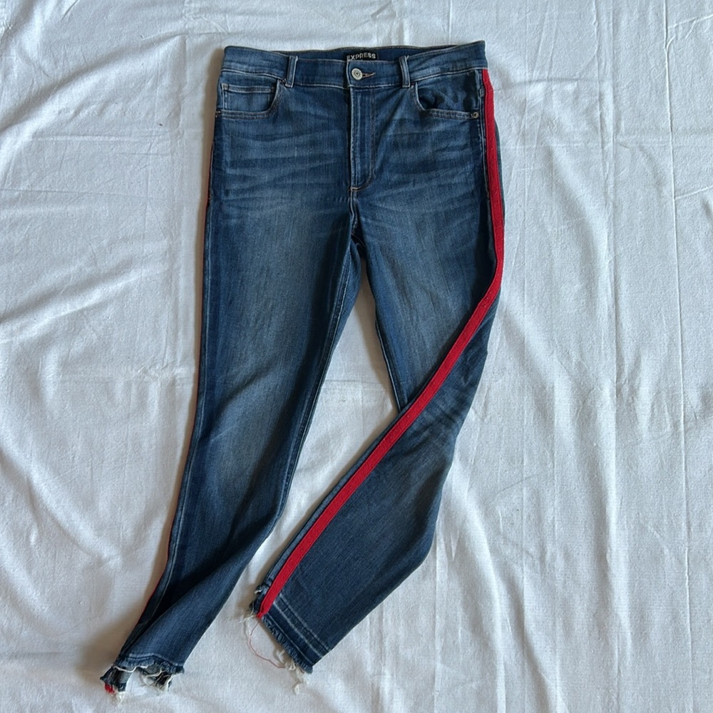 Express | Red Striped Dark Wash Blue Jeans
